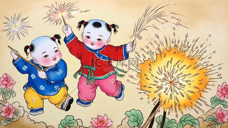 传统新年民俗年画杨枊青年画娃娃1插画图片