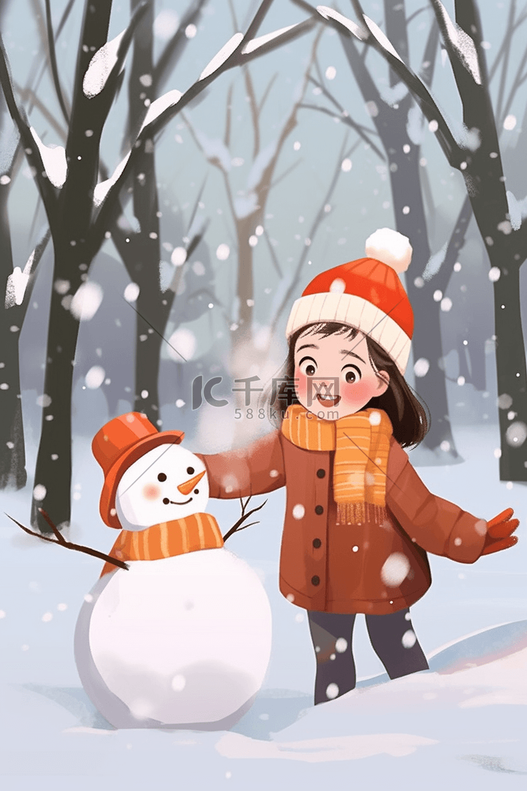 女孩堆雪人冬天树林插画海报