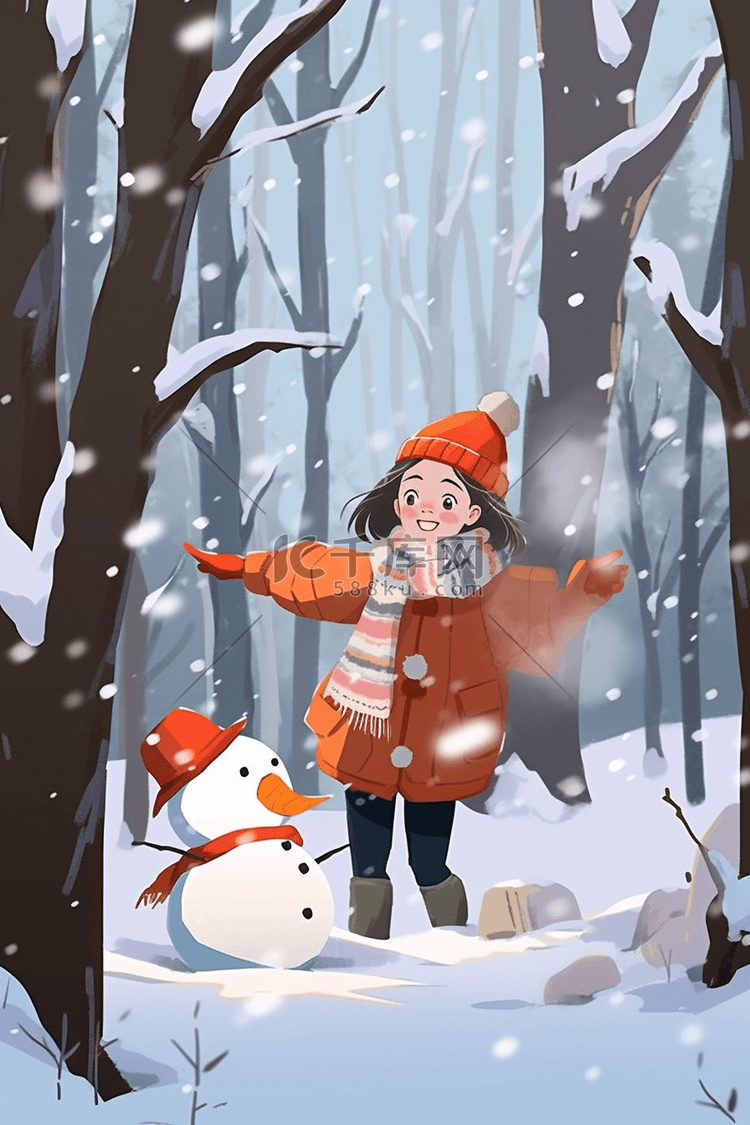 插画海报冬天女孩堆雪人树林