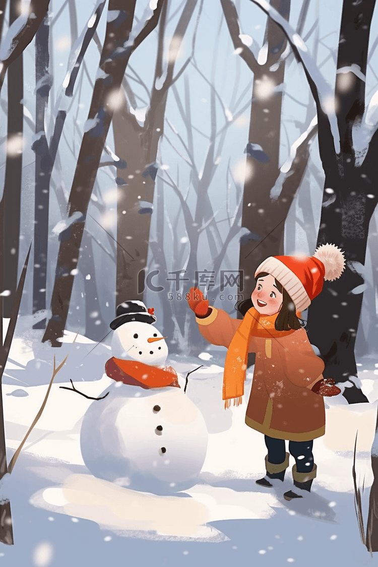 海报冬天女孩堆雪人树林插画