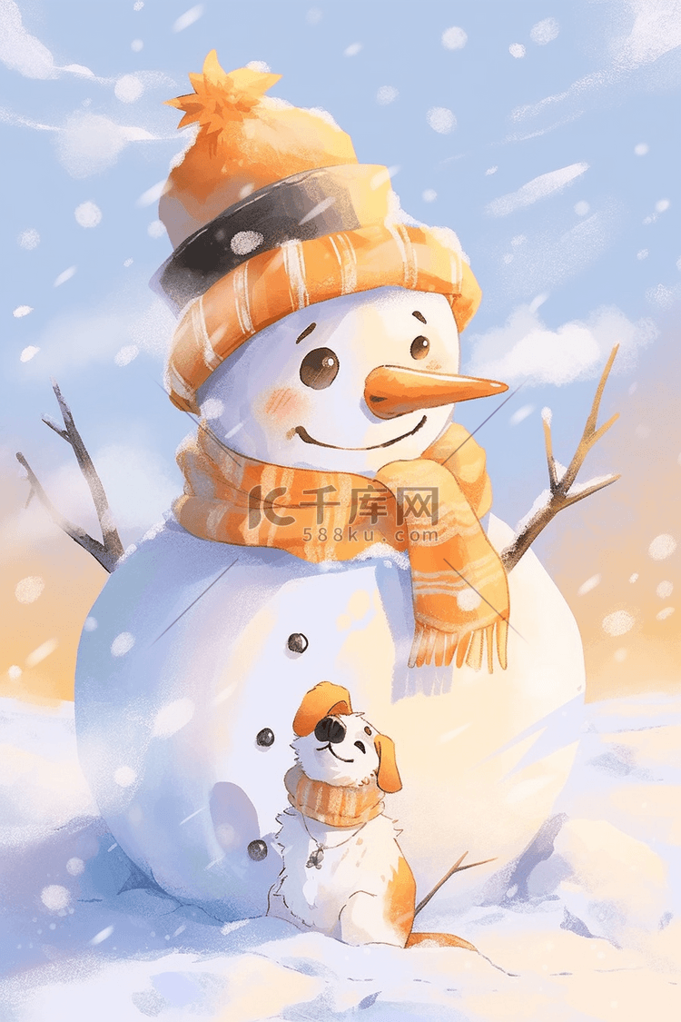 冬天雪人宠物手绘赏雪插画