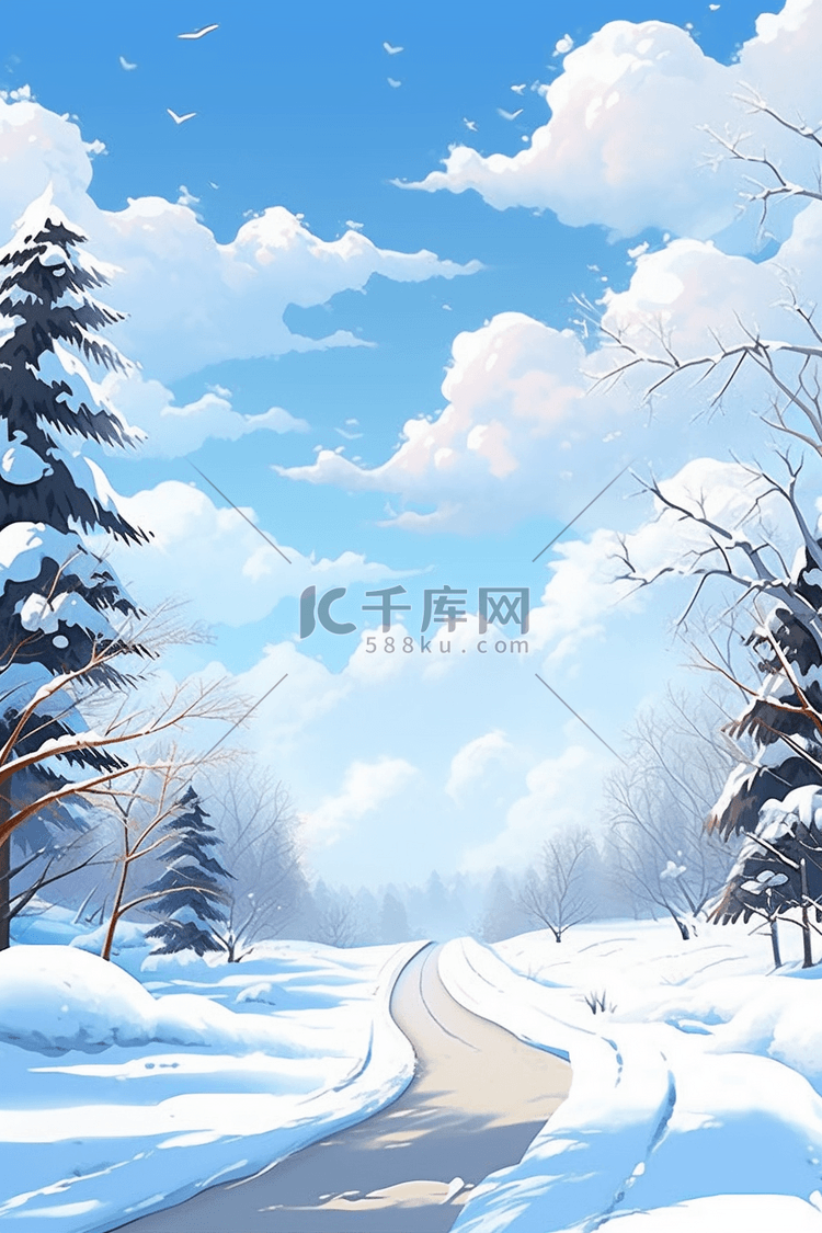 冬天天空雪景晴朗手绘插画海报
