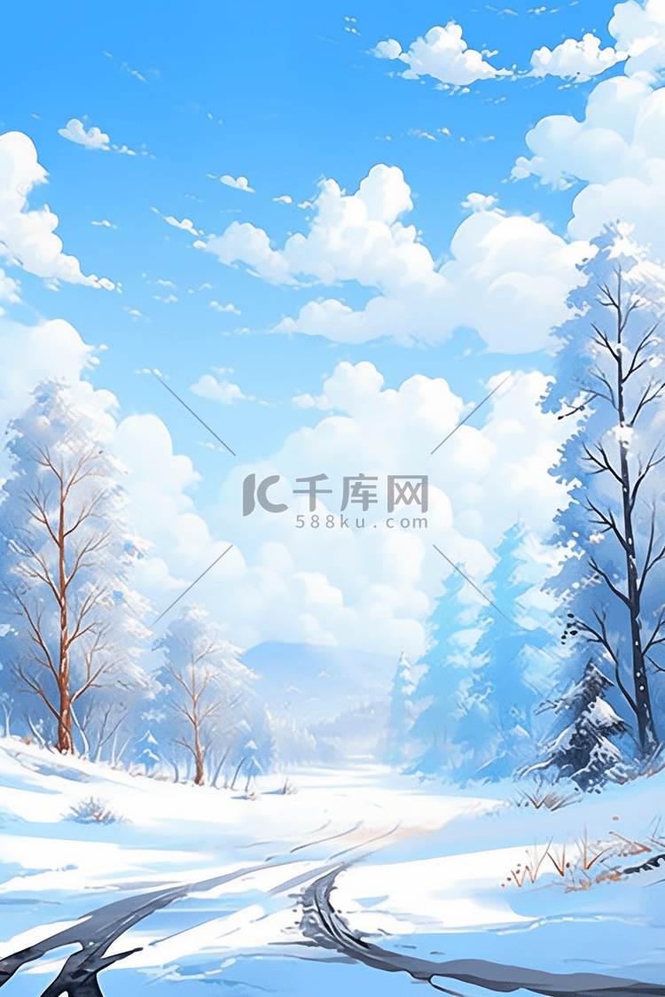 冬天雪景手绘晴朗天空插画海报