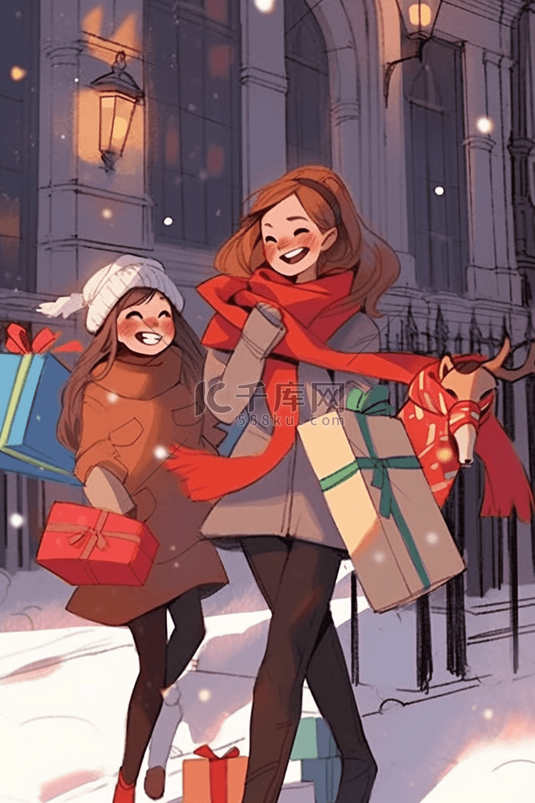 新年手绘冬天可爱女孩街边购物插画