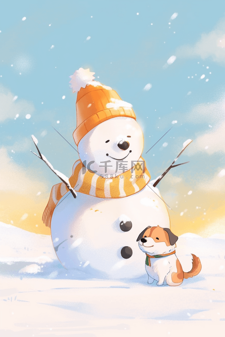 冬天雪人插画宠物赏雪手绘