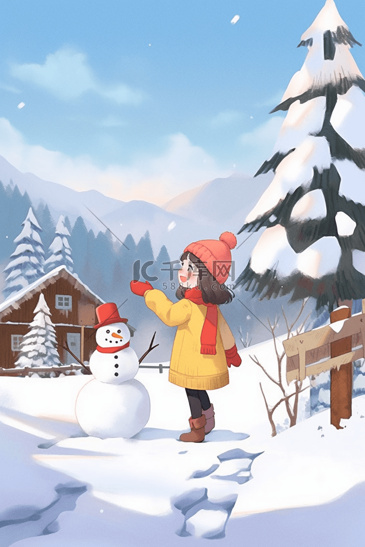 冬天女孩海报堆雪人手绘插画