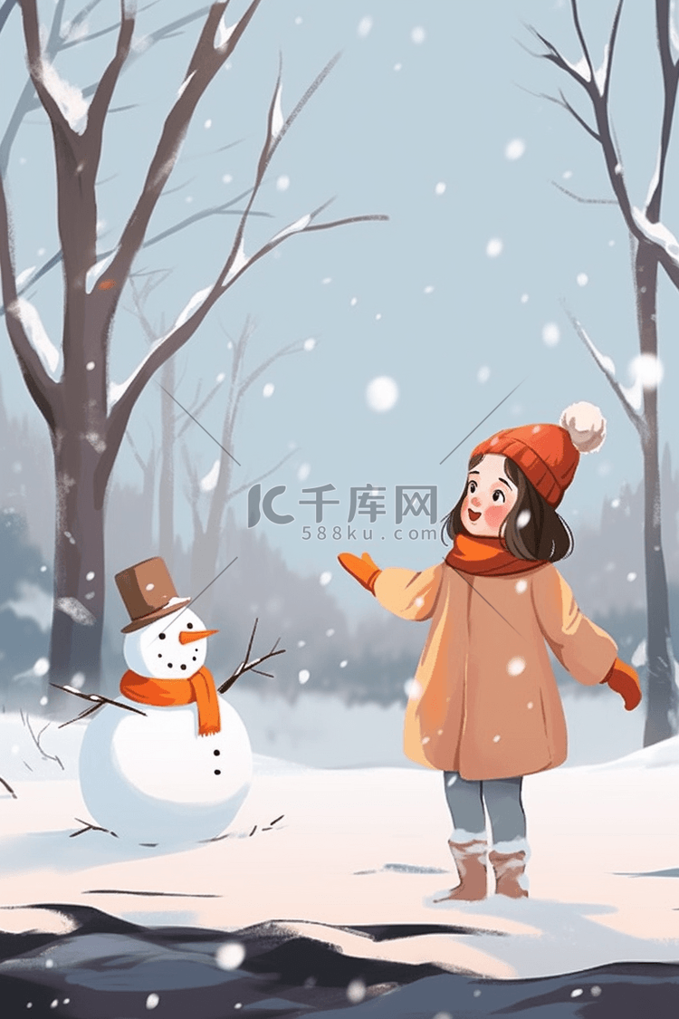 冬天女孩堆雪人海报树林插画