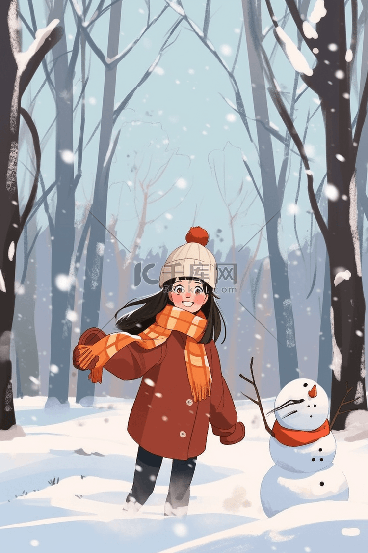 冬天女孩树林插画堆雪人海报