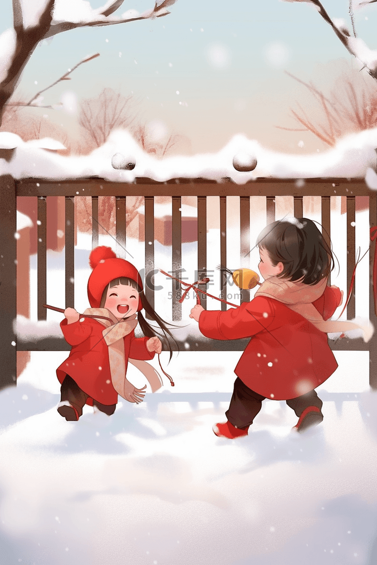 新年插画冬天孩子玩耍海报