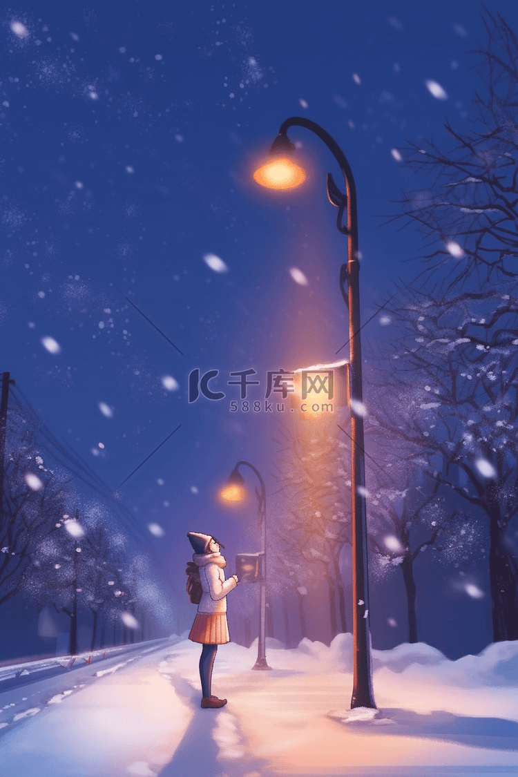 冬天路灯下女孩赏雪手绘插画