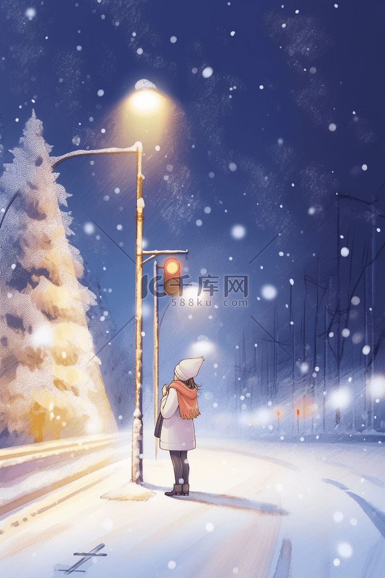 路灯下女孩赏雪冬天手绘插画