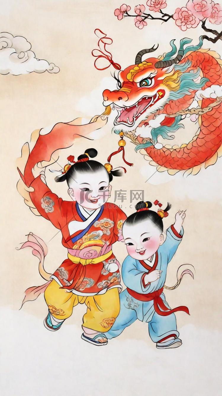 民俗新年杨枊青年画传统年画娃娃插画图片