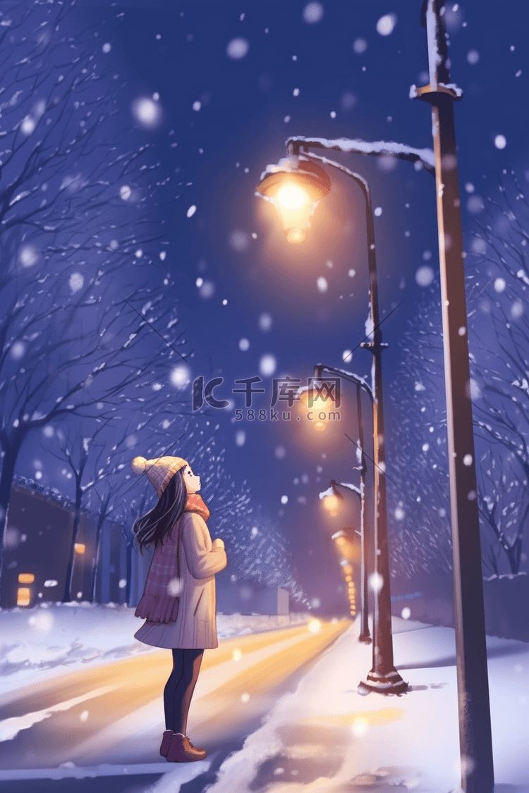 冬天赏雪路灯下女孩手绘插画