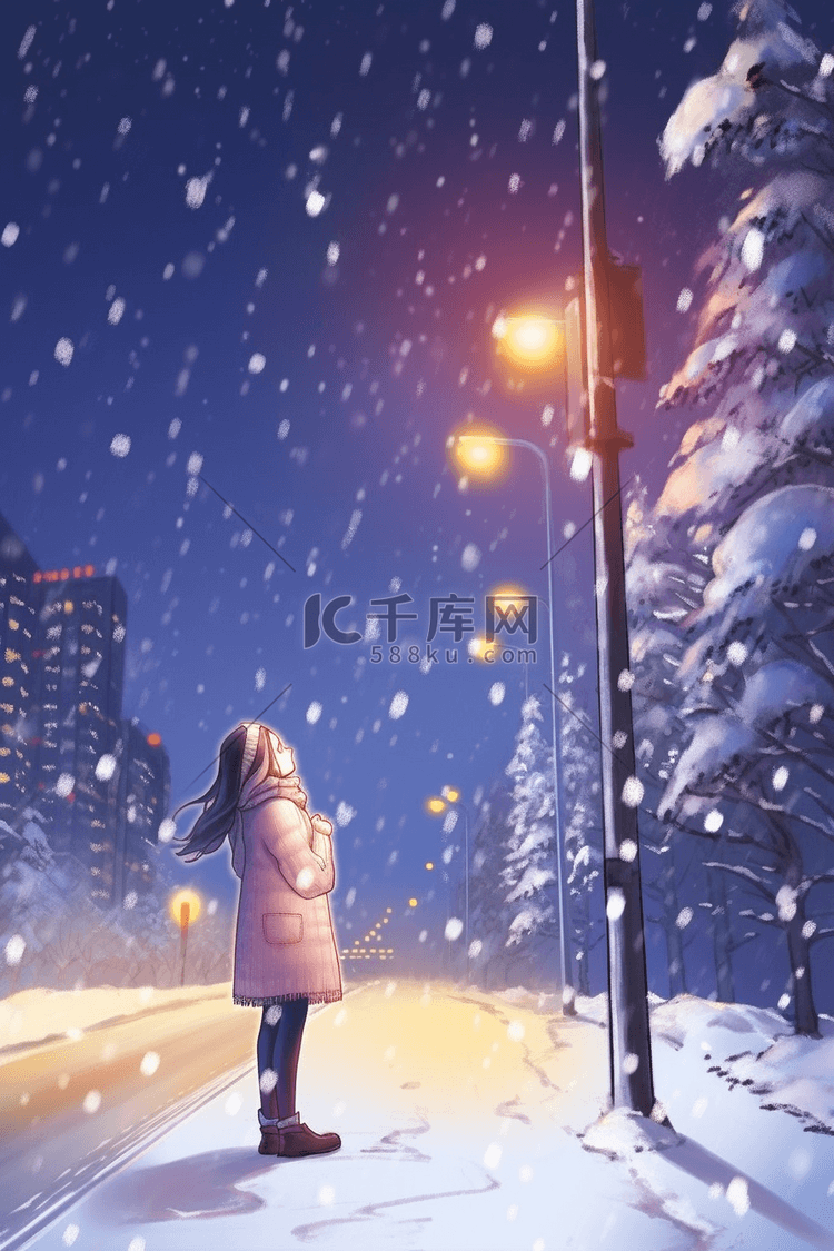 冬天路灯下女孩插画赏雪手绘