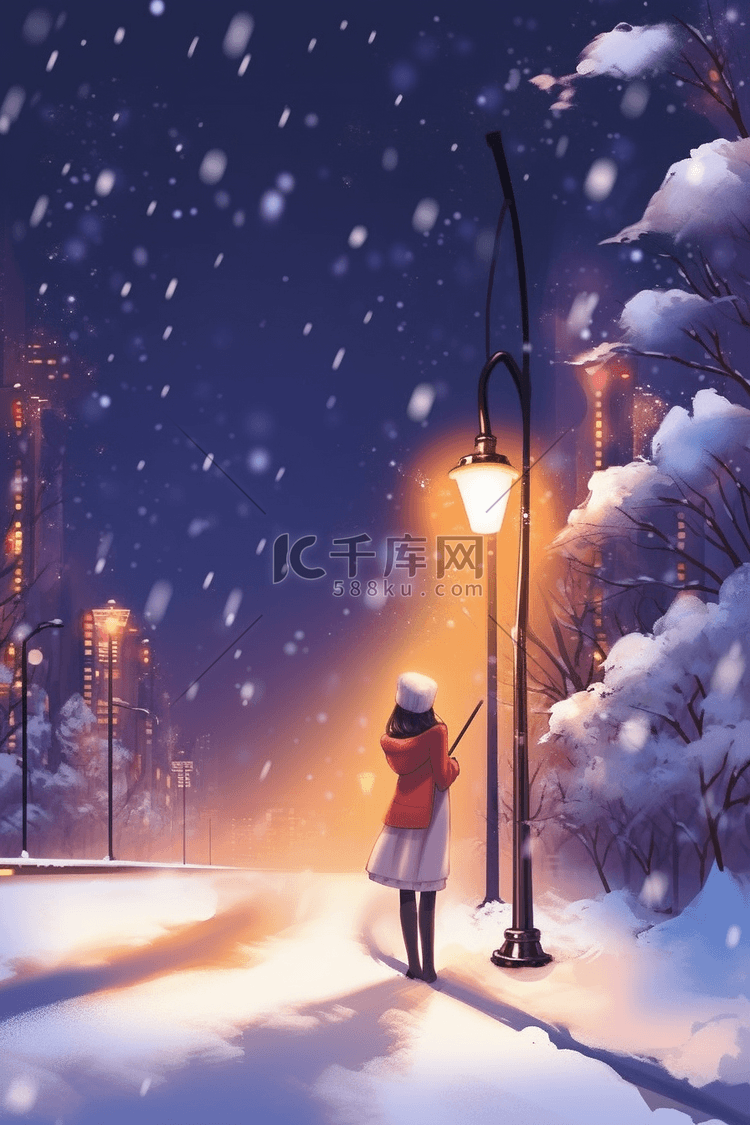 冬天赏雪手绘路灯下女孩插画