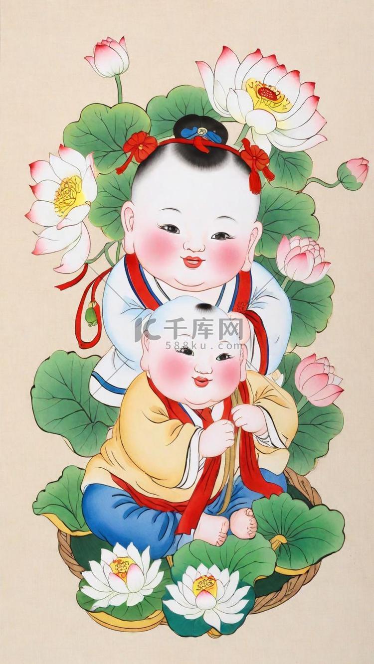 新年民俗年画杨枊青传统年画娃娃插画图片