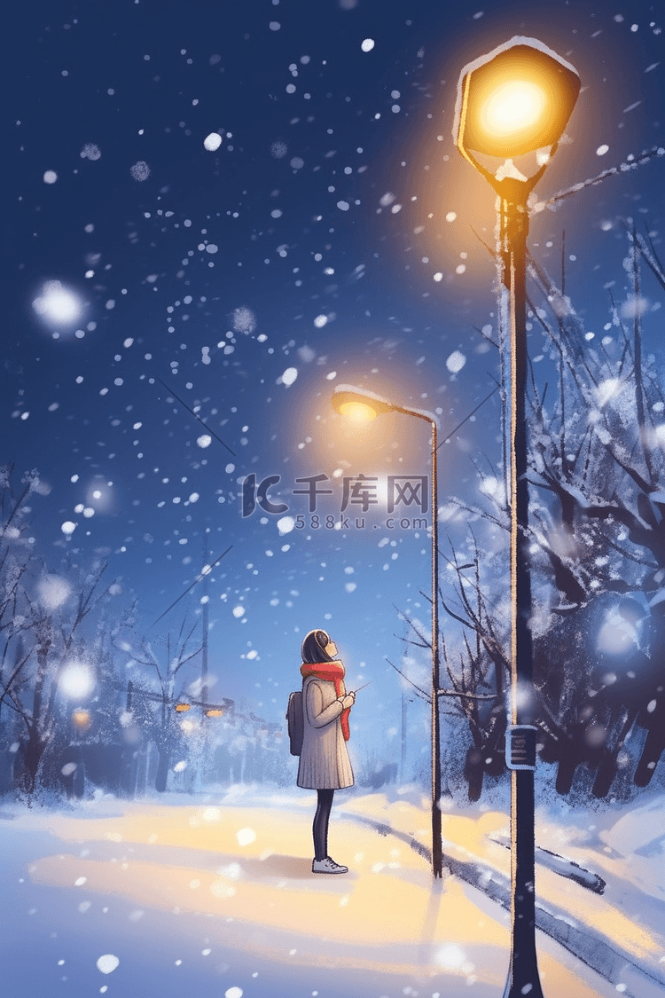 冬天插画路灯下女孩赏雪手绘