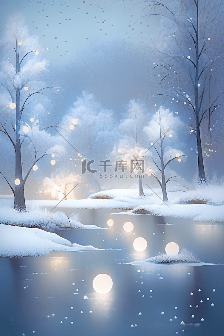 冬天手绘湖边灯光唯美雪景插画