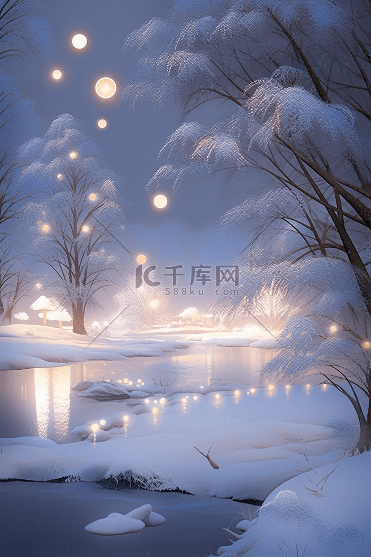 冬天插画湖边灯光唯美雪景手绘