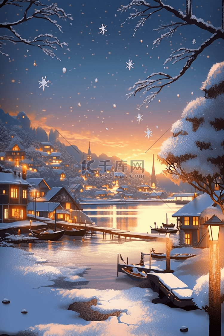 冬天手绘湖泊唯美小镇雪景插画