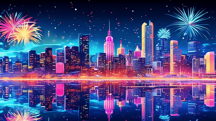 新年城市焰火霓虹灯夜景中国插画海报