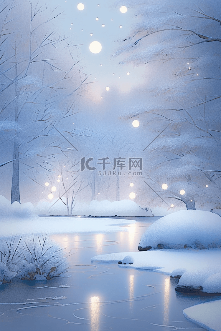 冬天灯光唯美雪景湖边手绘插画