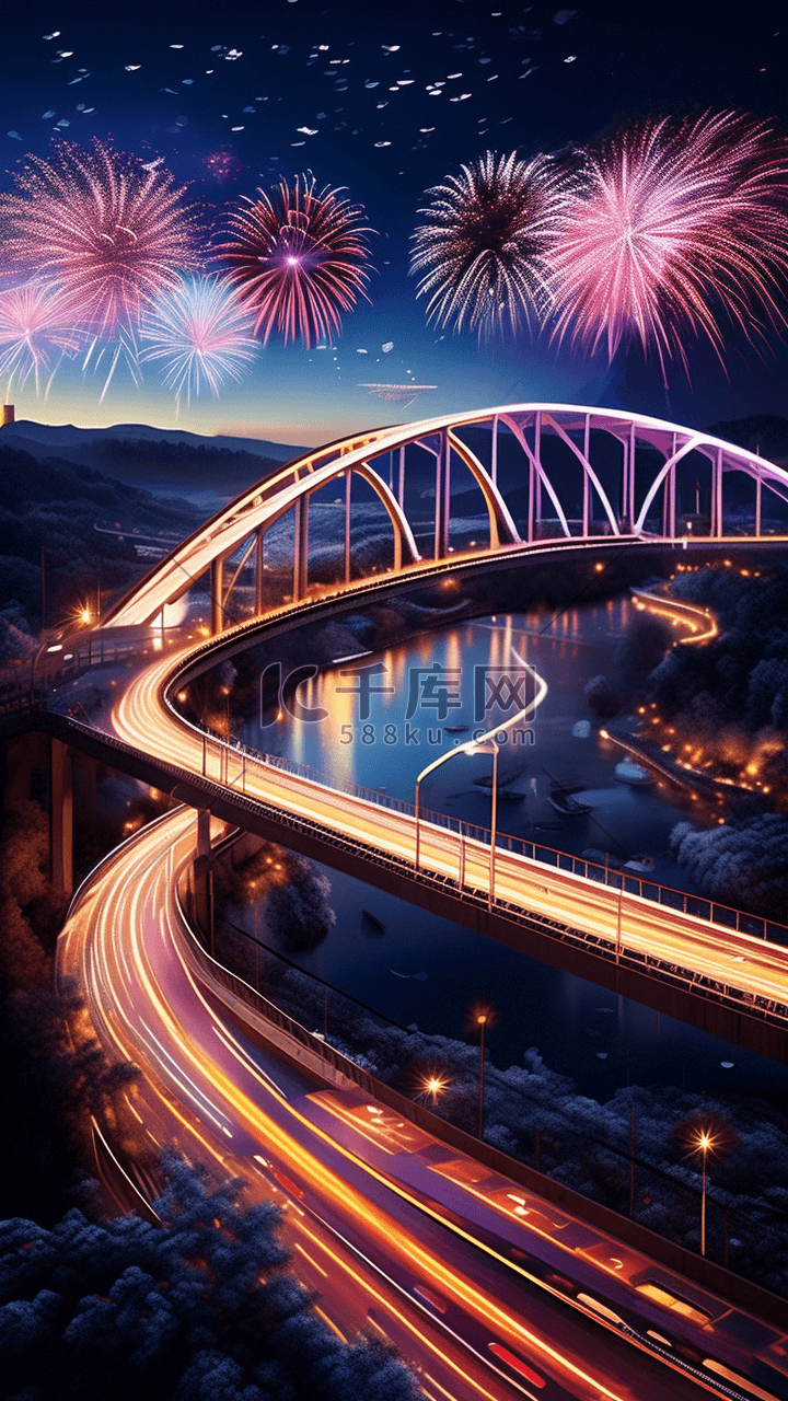 新年城市街道高架桥焰火夜景天际线过年插画图片