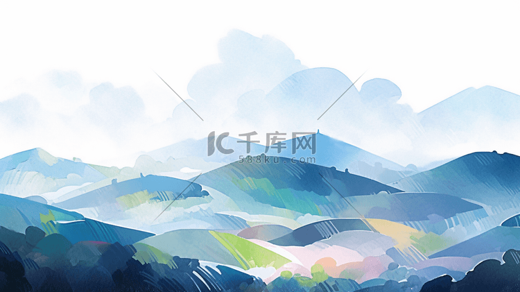 蓝色手绘水彩质感高山风景插画1