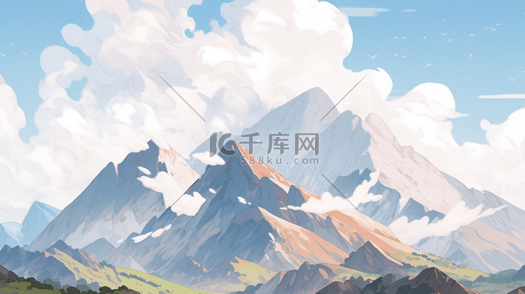 蓝色手绘水彩质感高山风景插画9