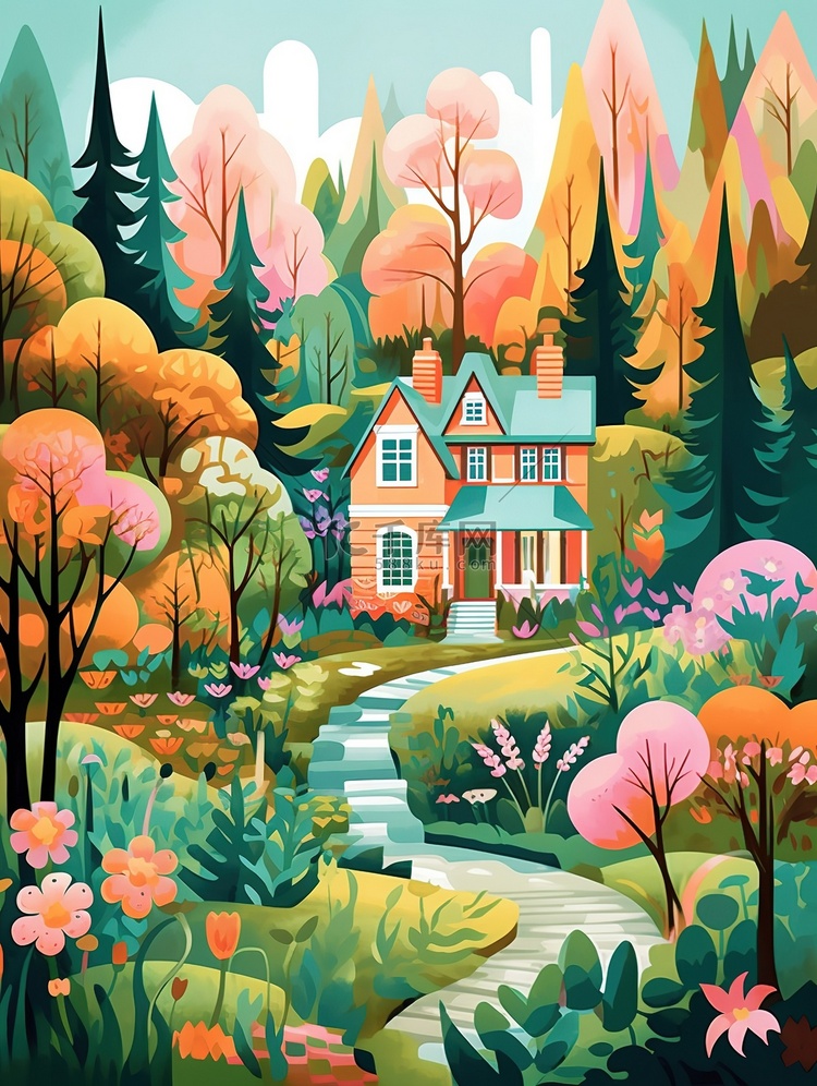 春天色彩鲜艳的村庄插画图片