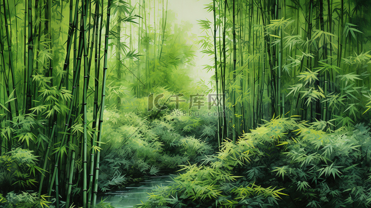水墨画翠绿的竹子矢量插画