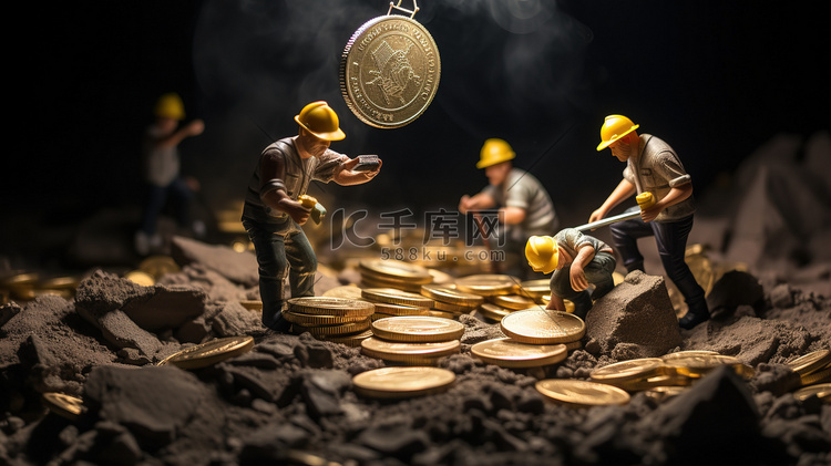 微型金币矿挖掘硬币插画图片