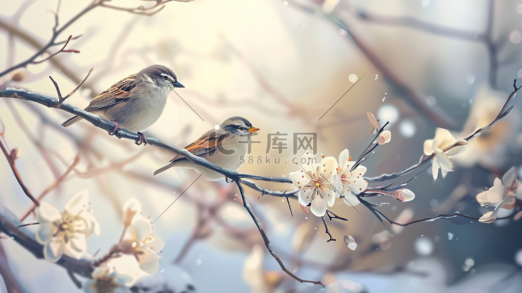 花枝上的两只小鸟插画图片