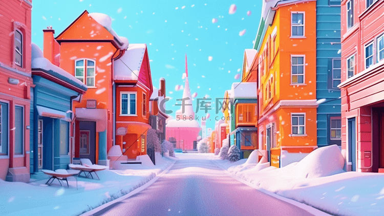 可爱粉彩冬天风景户外城市景观天空插画海报