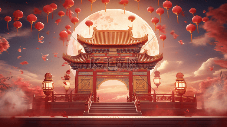 红色中国风建筑风景插画6