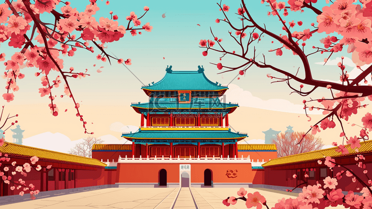 中国风手绘彩色古典建筑宫廷风插画2