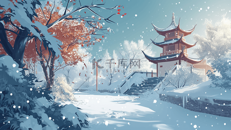 冬季唯美中国风古典建筑雪景插画14