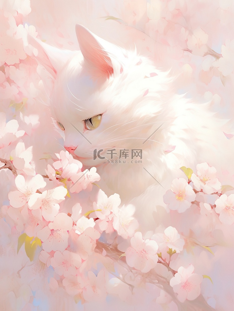 粉红色花朵白色的猫矢量插画