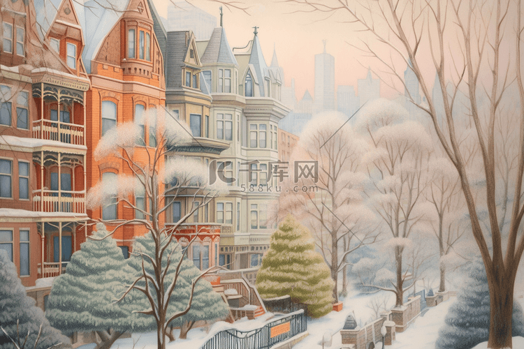 冬天城市插画唯美手绘
