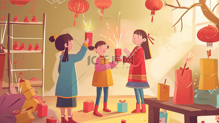 中国手绘小孩子放鞭炮喜庆快乐插画15