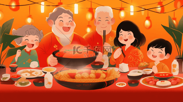 中国红色喜庆阖家团圆幸福年夜饭插画2