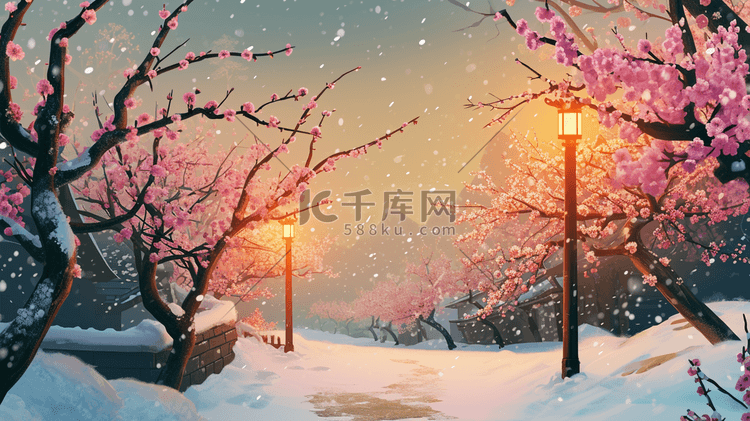 中国手绘国风粉色梅花雪景插画10