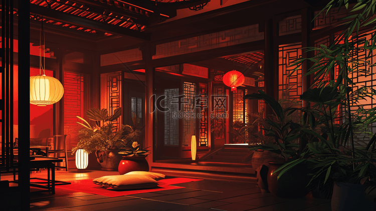 中国红中国风春节灯笼古典建筑插画13