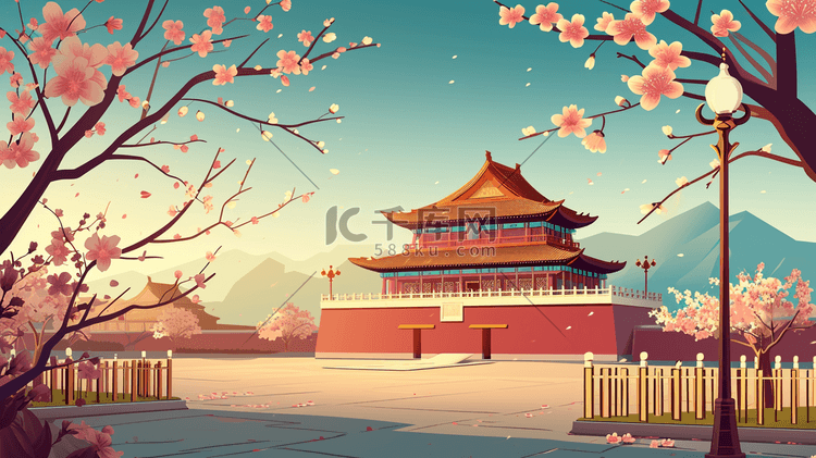 中国风手绘彩色古典建筑宫廷风插画19