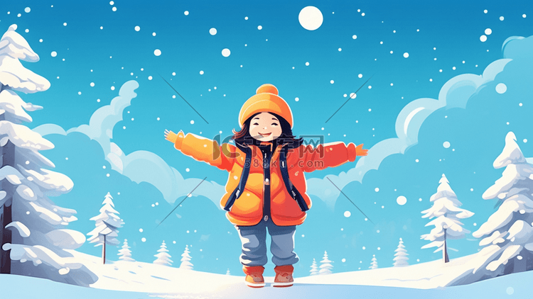冬天娃娃儿童高兴开心雪户外自然插画海报