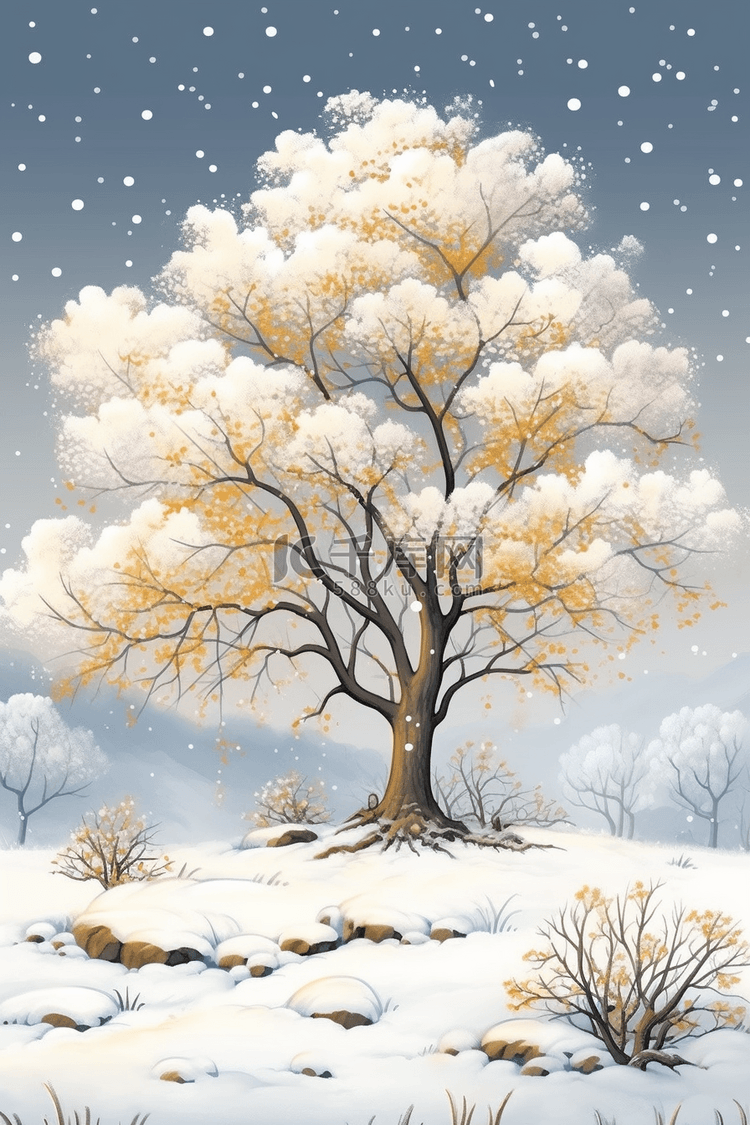 手绘插画冬天树挂唯美风景