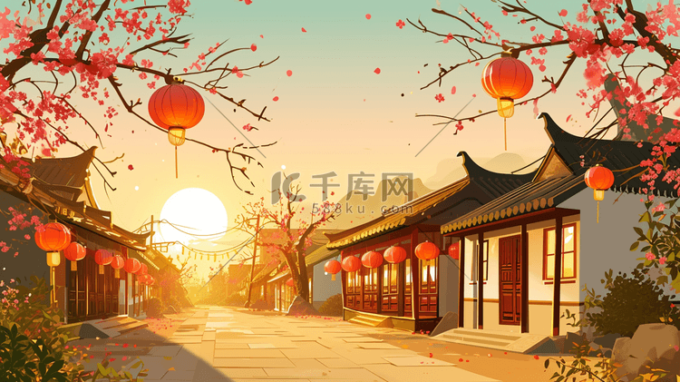 中国古代古建筑街道插画2