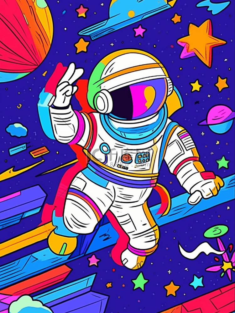 卡通手绘彩色宇航员宇宙星空插画23