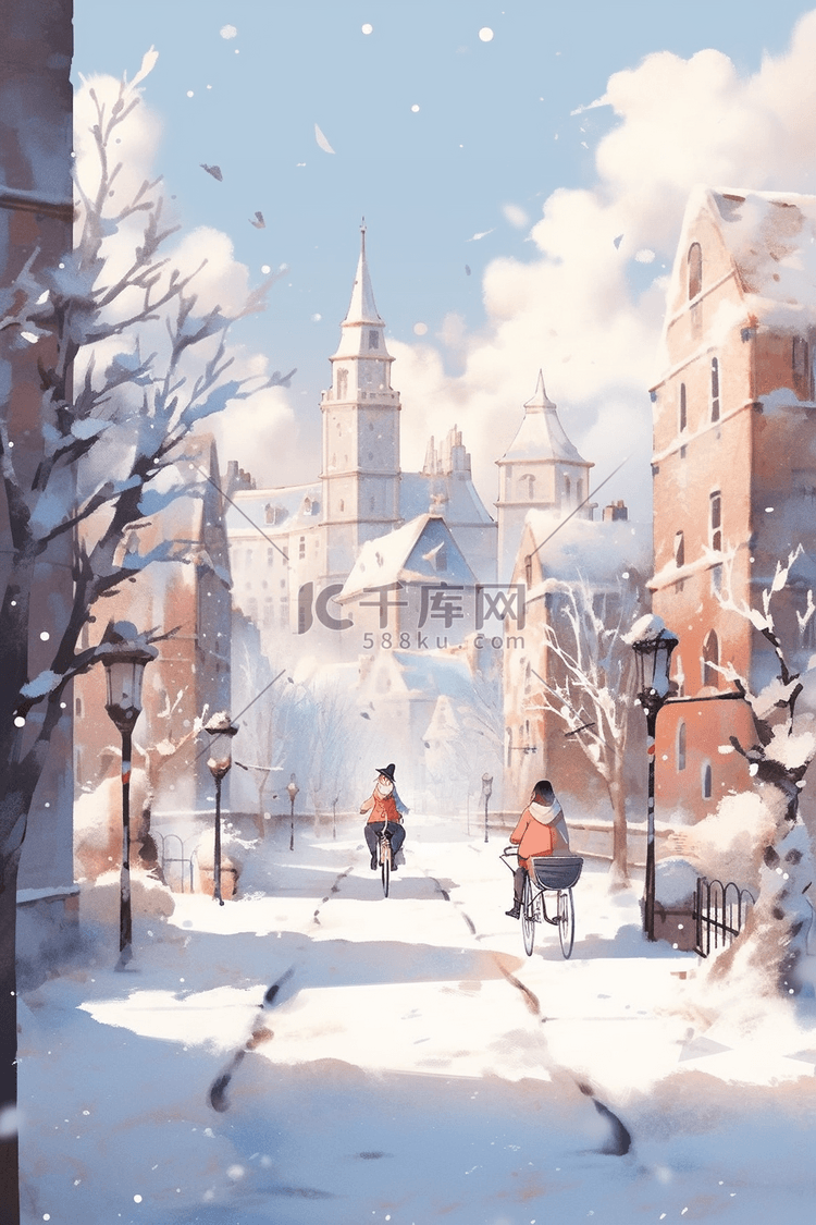 下雪的街道城市手绘冬天插画