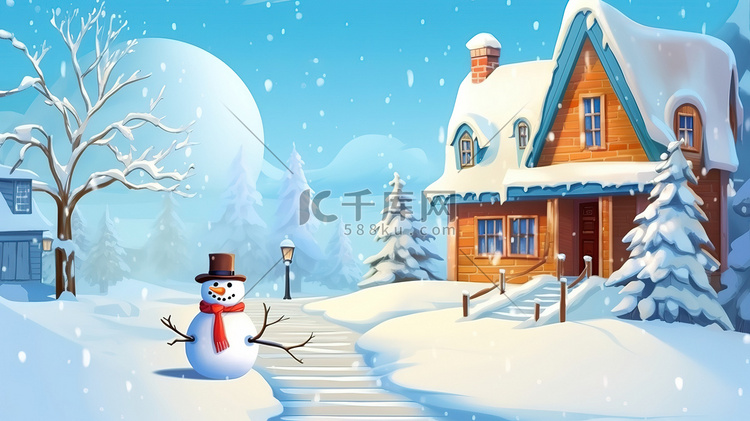 冬天下雪房子前的雪人插画图片